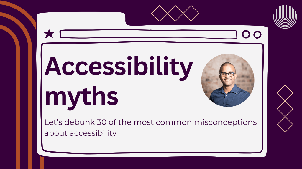 The title is "accessibility myths". Below it is the subtitle "let's debunk 29 of the most common misconceptions about accessibility". A headshot of Ahmed Khalifa, a black is beside them